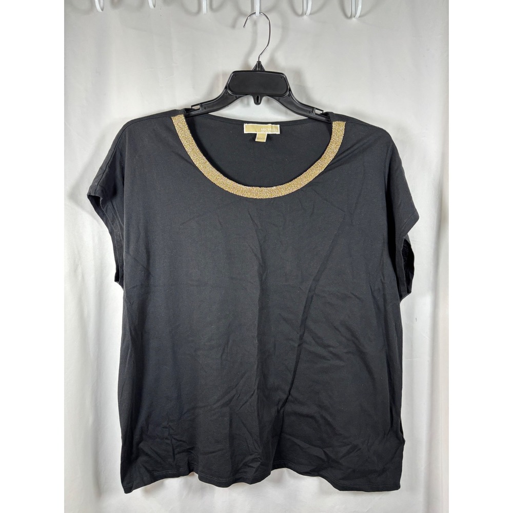 Michael Michael Kors Black Gold Chain Neck Short Sleeve Top Plus Size 2X‎ Cotton